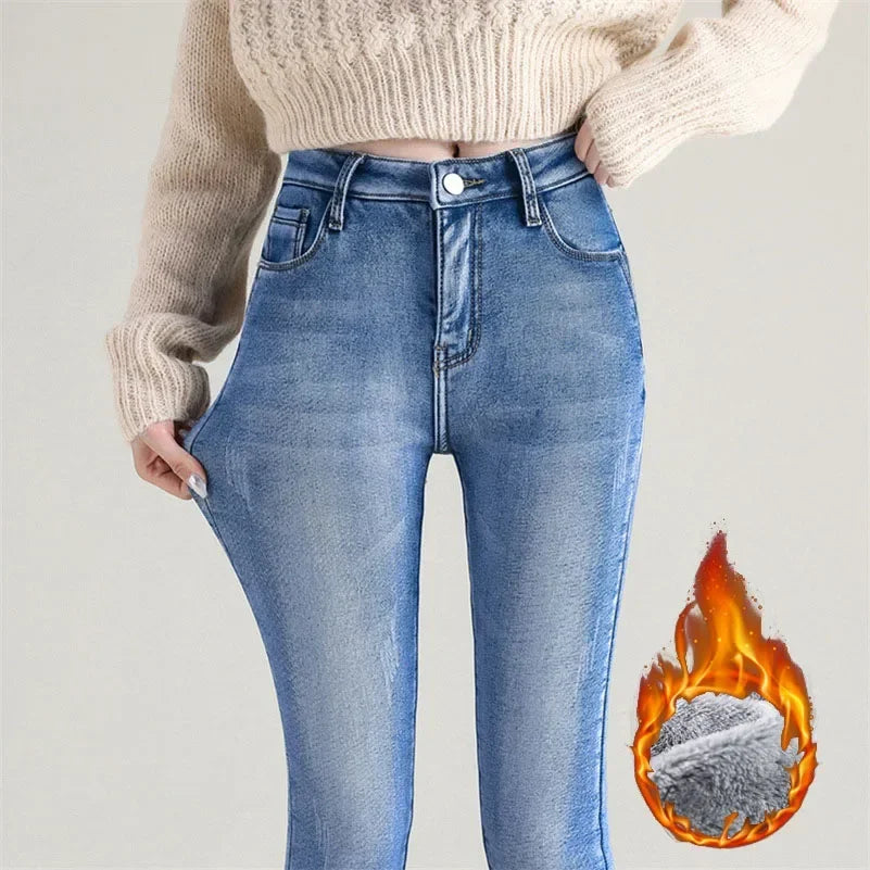 Women Thermal Jeans Winter Snow Warm Thickened Fleece Stretch Skinny Pencil Pants Fashion Korean Slim Fit Velvet Plush Pants - ZOOMNSTORE