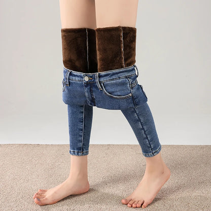 Women Thermal Jeans Winter Snow Warm Thickened Fleece Stretch Skinny Pencil Pants Fashion Korean Slim Fit Velvet Plush Pants - ZOOMNSTORE