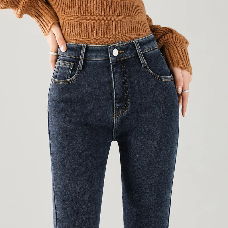Women Thermal Jeans Winter Snow Warm Thickened Fleece Stretch Skinny Pencil Pants Fashion Korean Slim Fit Velvet Plush Pants - ZOOMNSTORE