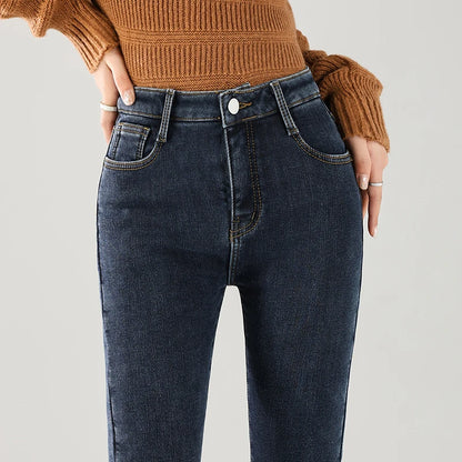 Women Thermal Jeans Winter Snow Warm Thickened Fleece Stretch Skinny Pencil Pants Fashion Korean Slim Fit Velvet Plush Pants - ZOOMNSTORE