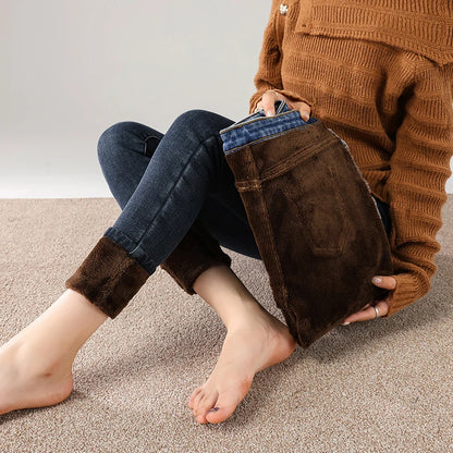 Women Thermal Jeans Winter Snow Warm Thickened Fleece Stretch Skinny Pencil Pants Fashion Korean Slim Fit Velvet Plush Pants - ZOOMNSTORE