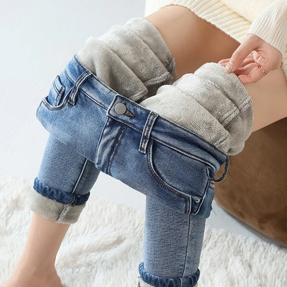 Women Thermal Jeans Winter Snow Warm Thickened Fleece Stretch Skinny Pencil Pants Fashion Korean Slim Fit Velvet Plush Pants - ZOOMNSTORE