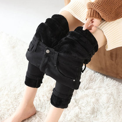 Women Thermal Jeans Winter Snow Warm Thickened Fleece Stretch Skinny Pencil Pants Fashion Korean Slim Fit Velvet Plush Pants - ZOOMNSTORE