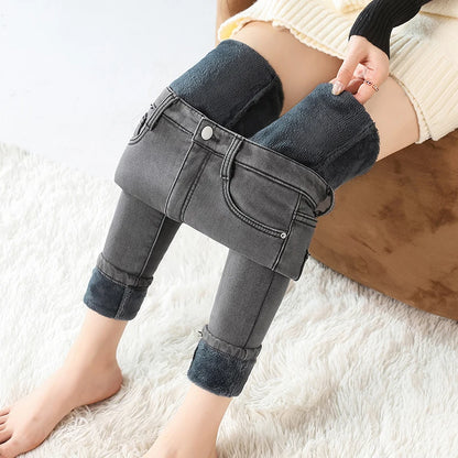 Women Thermal Jeans Winter Snow Warm Thickened Fleece Stretch Skinny Pencil Pants Fashion Korean Slim Fit Velvet Plush Pants - ZOOMNSTORE