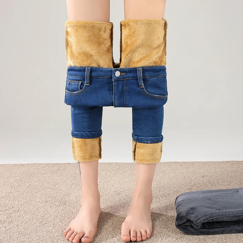 Women Thermal Jeans Winter Snow Warm Thickened Fleece Stretch Skinny Pencil Pants Fashion Korean Slim Fit Velvet Plush Pants - ZOOMNSTORE
