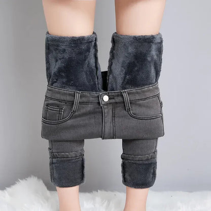Women Thermal Jeans Winter Snow Warm Thickened Fleece Stretch Skinny Pencil Pants Fashion Korean Slim Fit Velvet Plush Pants - ZOOMNSTORE