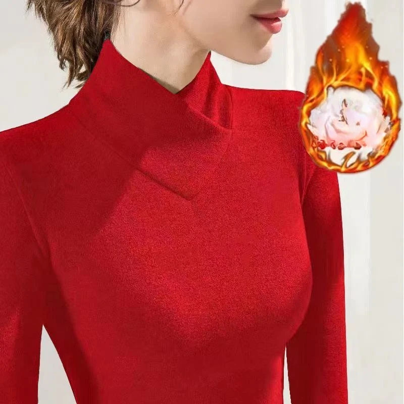 Women Thermal Underwear - Semi High Neck Flannel Fabric Shirt | Autumn Winter Wear - ZOOMNSTORE