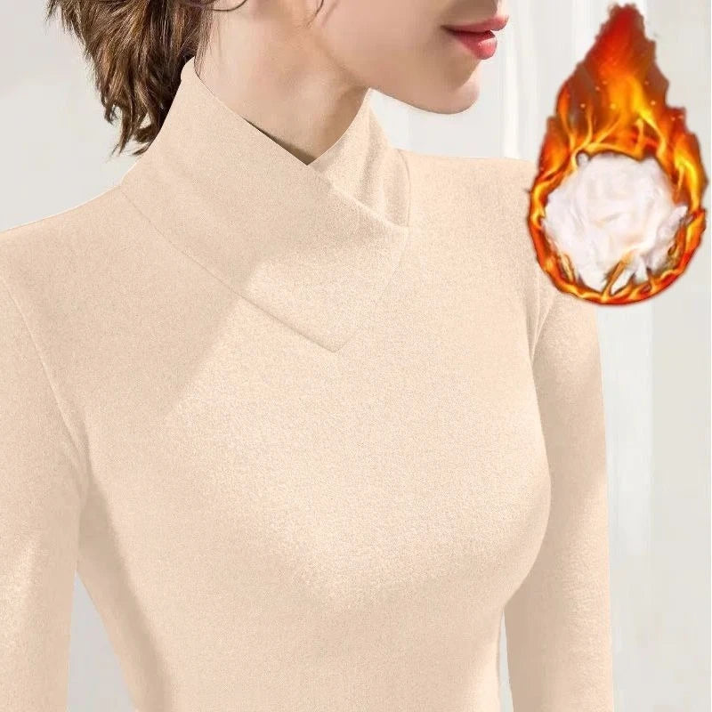 Women Thermal Underwear - Semi High Neck Flannel Fabric Shirt | Autumn Winter Wear - ZOOMNSTORE