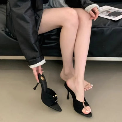 Womens Pointed Toe High Heels Slippers - Fashionable Thin Heels with Metal Decoration - ZOOMNSTORE