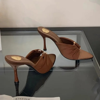 Womens Pointed Toe High Heels Slippers - Fashionable Thin Heels with Metal Decoration - ZOOMNSTORE