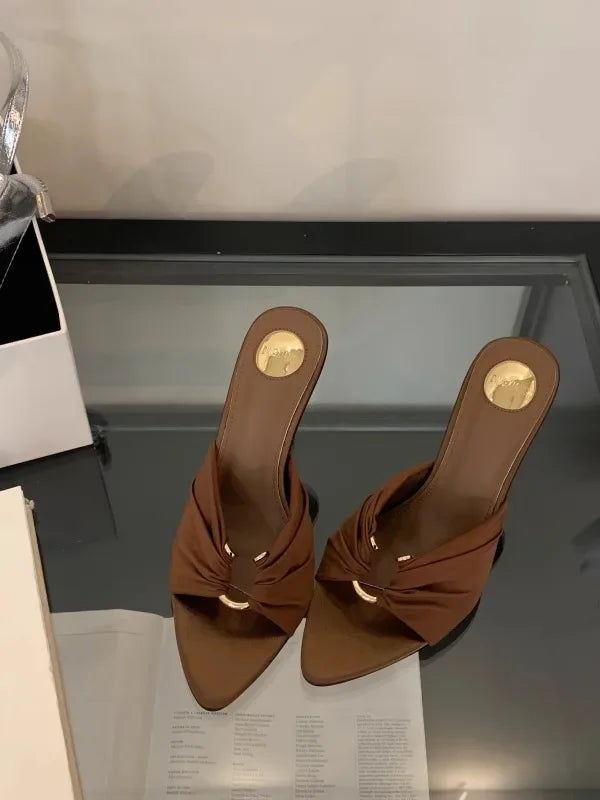 Womens Pointed Toe High Heels Slippers - Fashionable Thin Heels with Metal Decoration - ZOOMNSTORE