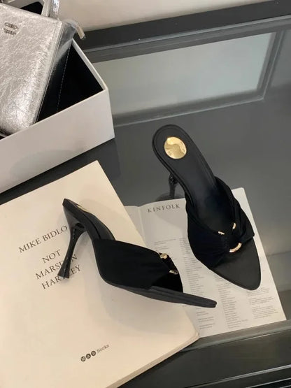 Womens Pointed Toe High Heels Slippers - Fashionable Thin Heels with Metal Decoration - ZOOMNSTORE