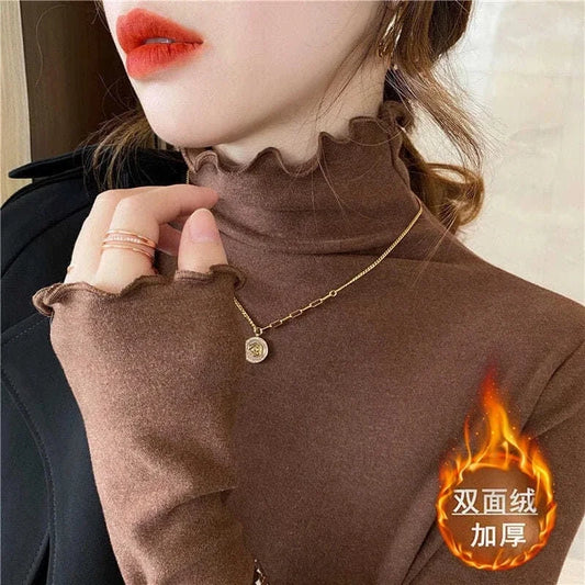 Women Turtleneck Tops – Long Sleeve Shirts With Ruffled Petal Sleeve, Plus Size Winter Fleece - ZOOMNSTORE