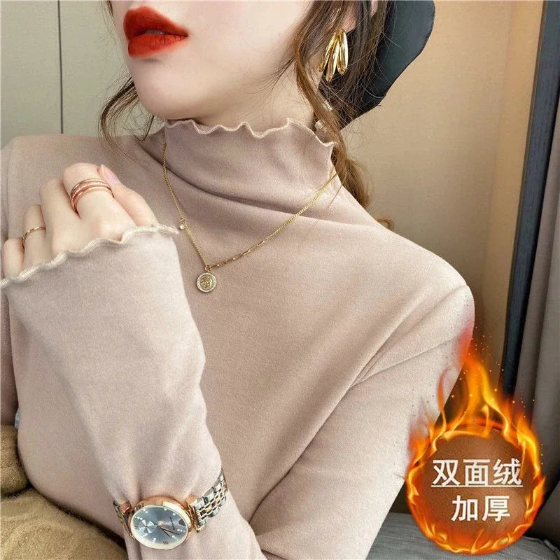 Women Turtleneck Tops – Long Sleeve Shirts With Ruffled Petal Sleeve, Plus Size Winter Fleece - ZOOMNSTORE