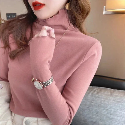 Women Turtleneck Tops – Long Sleeve Shirts With Ruffled Petal Sleeve, Plus Size Winter Fleece - ZOOMNSTORE