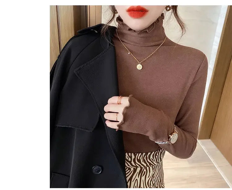 Women Turtleneck Tops – Long Sleeve Shirts With Ruffled Petal Sleeve, Plus Size Winter Fleece - ZOOMNSTORE