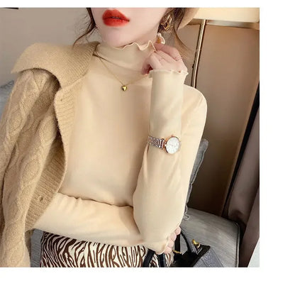Women Turtleneck Tops – Long Sleeve Shirts With Ruffled Petal Sleeve, Plus Size Winter Fleece - ZOOMNSTORE