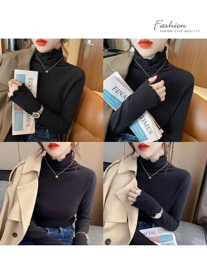 Women Turtleneck Tops – Long Sleeve Shirts With Ruffled Petal Sleeve, Plus Size Winter Fleece - ZOOMNSTORE