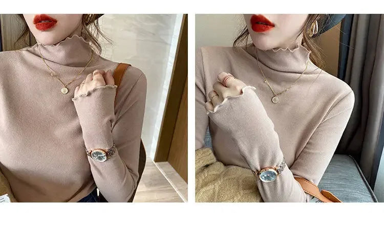 Women Turtleneck Tops – Long Sleeve Shirts With Ruffled Petal Sleeve, Plus Size Winter Fleece - ZOOMNSTORE