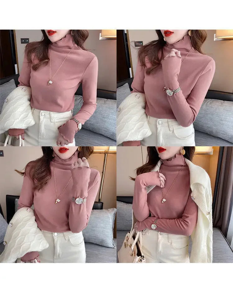 Women Turtleneck Tops – Long Sleeve Shirts With Ruffled Petal Sleeve, Plus Size Winter Fleece - ZOOMNSTORE