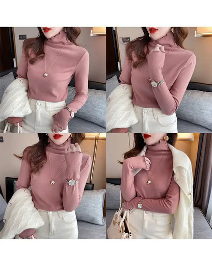 Women Turtleneck Tops – Long Sleeve Shirts With Ruffled Petal Sleeve, Plus Size Winter Fleece - ZOOMNSTORE