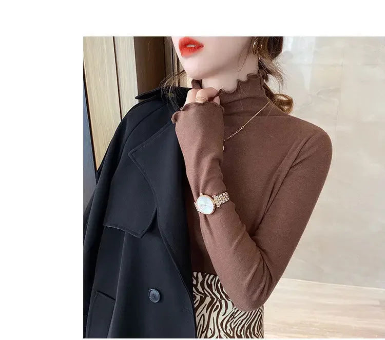 Women Turtleneck Tops – Long Sleeve Shirts With Ruffled Petal Sleeve, Plus Size Winter Fleece - ZOOMNSTORE