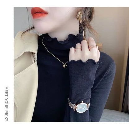 Women Turtleneck Tops – Long Sleeve Shirts With Ruffled Petal Sleeve, Plus Size Winter Fleece - ZOOMNSTORE
