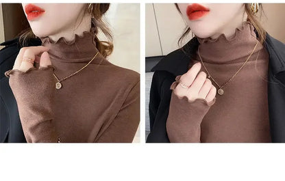 Women Turtleneck Tops – Long Sleeve Shirts With Ruffled Petal Sleeve, Plus Size Winter Fleece - ZOOMNSTORE