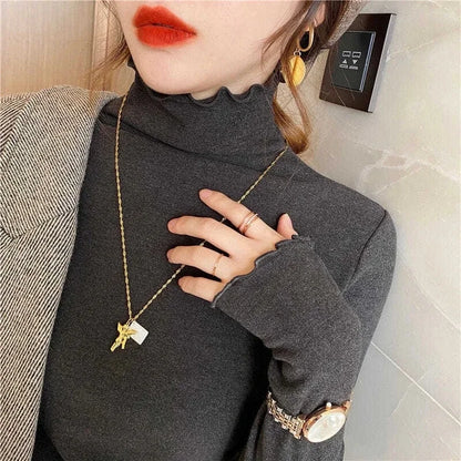 Women Turtleneck Tops – Long Sleeve Shirts With Ruffled Petal Sleeve, Plus Size Winter Fleece - ZOOMNSTORE