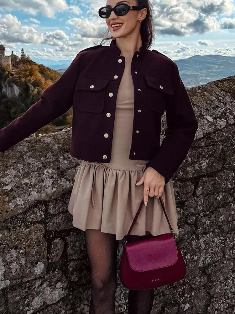 HH 2024 Fashion Women Soft Tweed Bomber Jacket O-Neck Long Sleeve Pockets Buttons Loose Woolen Coat Female Streetwear - ZOOMNSTORE