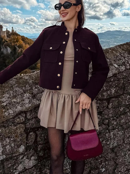 HH 2024 Fashion Women Soft Tweed Bomber Jacket O-Neck Long Sleeve Pockets Buttons Loose Woolen Coat Female Streetwear - ZOOMNSTORE