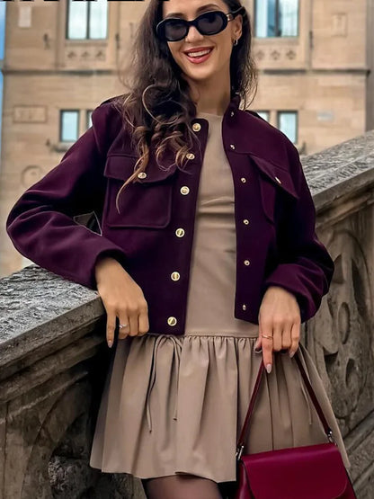 HH 2024 Fashion Women Soft Tweed Bomber Jacket O-Neck Long Sleeve Pockets Buttons Loose Woolen Coat Female Streetwear - ZOOMNSTORE