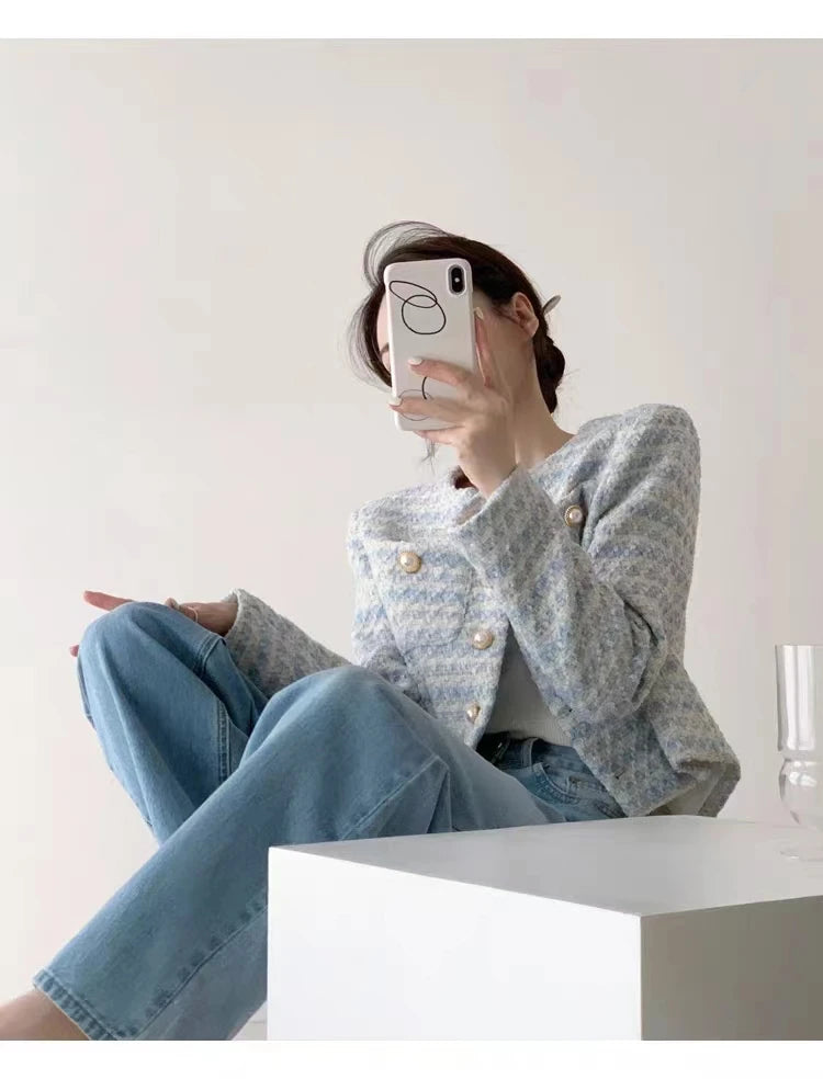 Elegant Tweed Cardigan - Womens Short Coat with Pocket Single Breasted Jacket Autumn Winter Outwear 2024 - ZOOMNSTORE