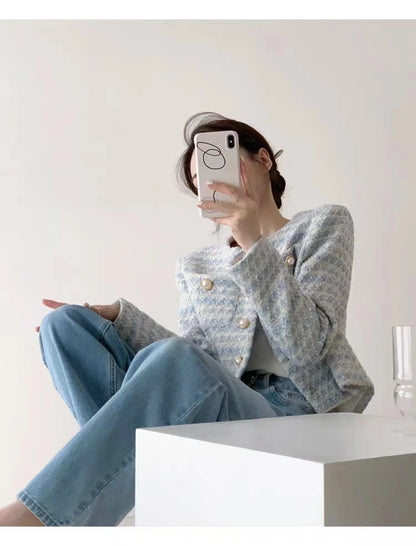 Elegant Tweed Cardigan - Womens Short Coat with Pocket Single Breasted Jacket Autumn Winter Outwear 2024 - ZOOMNSTORE