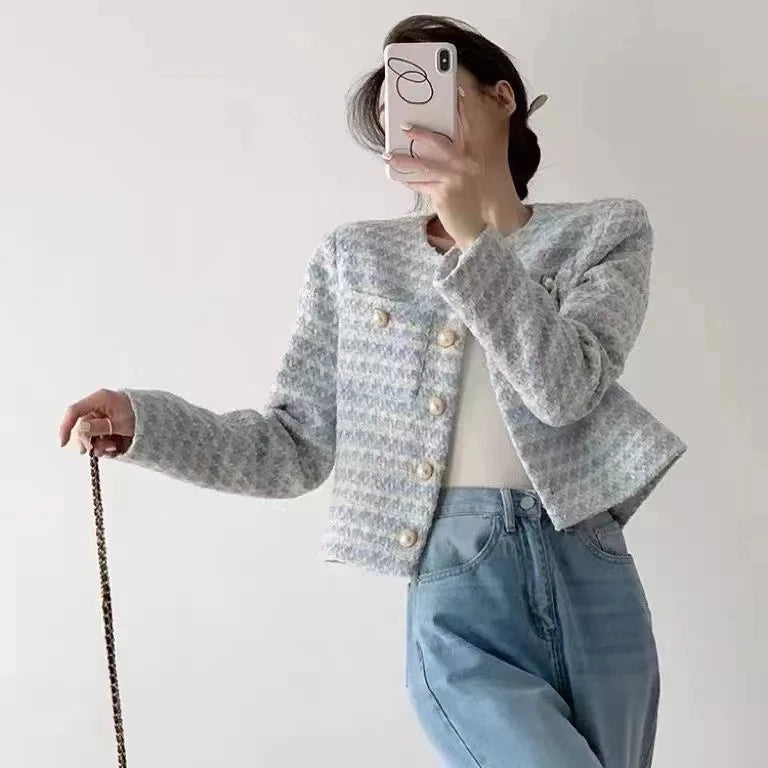 Elegant Tweed Cardigan - Womens Short Coat with Pocket Single Breasted Jacket Autumn Winter Outwear 2024 - ZOOMNSTORE