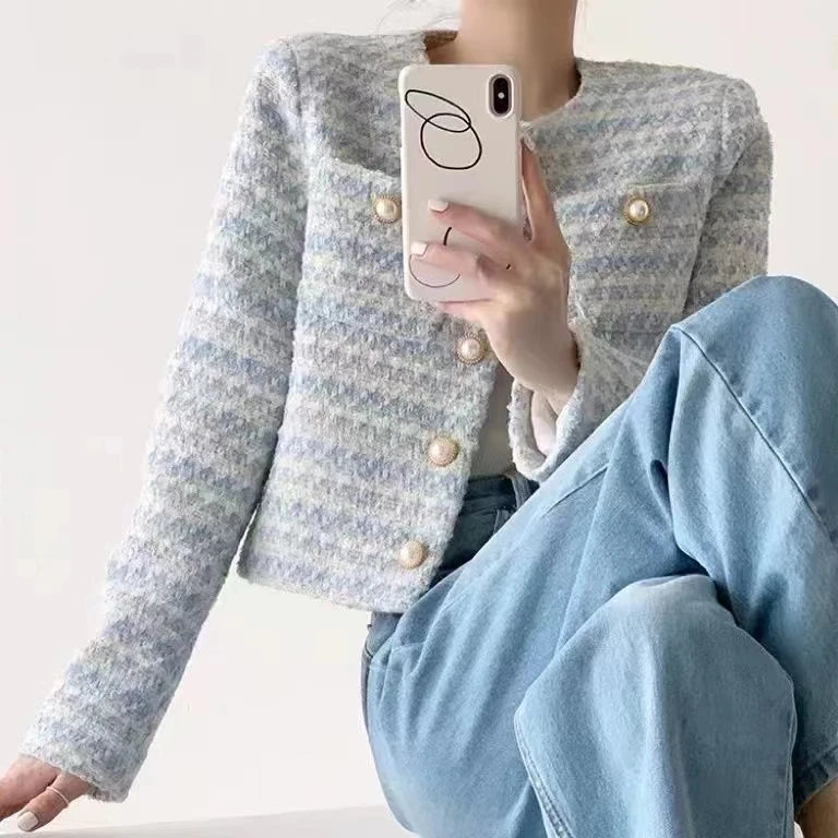 Elegant Tweed Cardigan - Womens Short Coat with Pocket Single Breasted Jacket Autumn Winter Outwear 2024 - ZOOMNSTORE