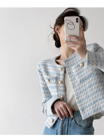 Elegant Tweed Cardigan - Womens Short Coat with Pocket Single Breasted Jacket Autumn Winter Outwear 2024 - ZOOMNSTORE