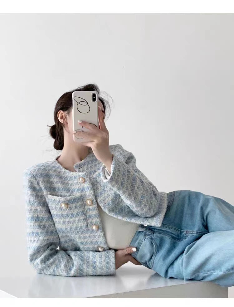 Elegant Tweed Cardigan - Womens Short Coat with Pocket Single Breasted Jacket Autumn Winter Outwear 2024 - ZOOMNSTORE