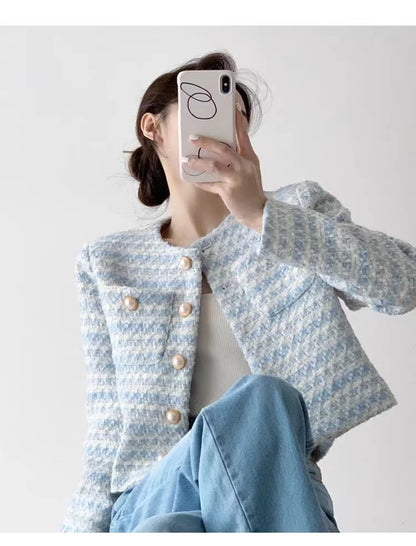 Elegant Tweed Cardigan - Womens Short Coat with Pocket Single Breasted Jacket Autumn Winter Outwear 2024 - ZOOMNSTORE