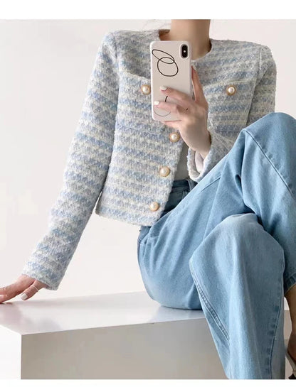 Elegant Tweed Cardigan - Womens Short Coat with Pocket Single Breasted Jacket Autumn Winter Outwear 2024 - ZOOMNSTORE