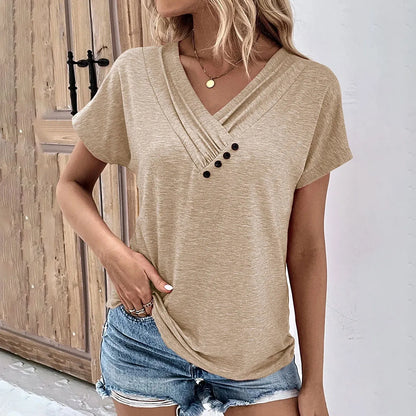 Womens V Neck Oversized T-Shirt - Solid Color Short Sleeve Basic Tee - ZOOMNSTORE