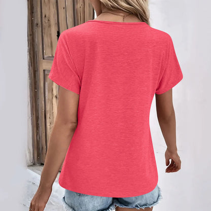 Womens V Neck Oversized T-Shirt - Solid Color Short Sleeve Basic Tee - ZOOMNSTORE
