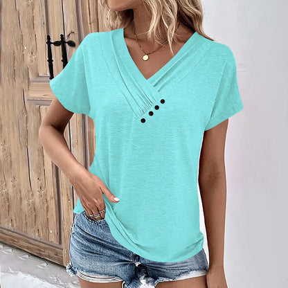 Womens V Neck Oversized T-Shirt - Solid Color Short Sleeve Basic Tee - ZOOMNSTORE