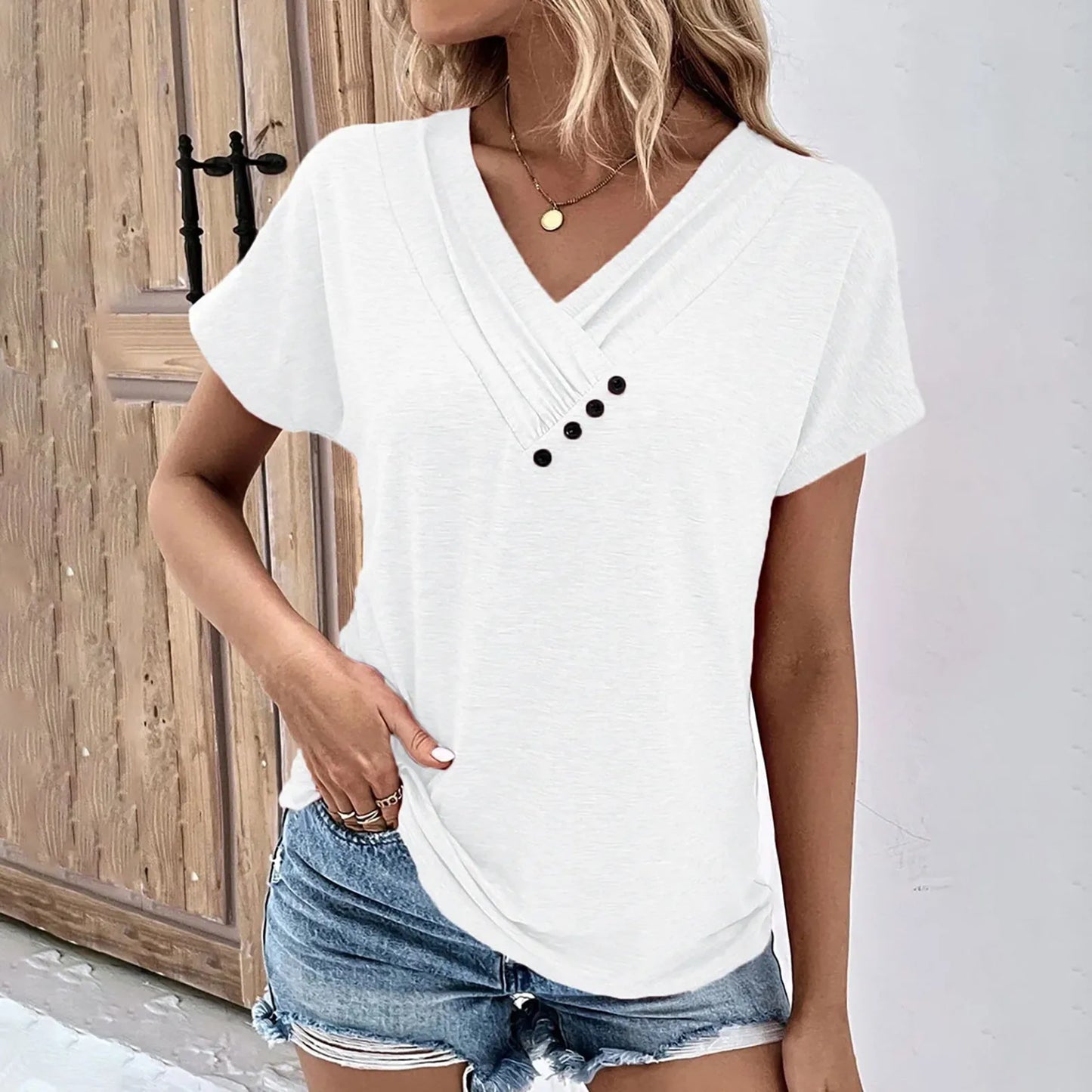 Womens V Neck Oversized T-Shirt - Solid Color Short Sleeve Basic Tee - ZOOMNSTORE