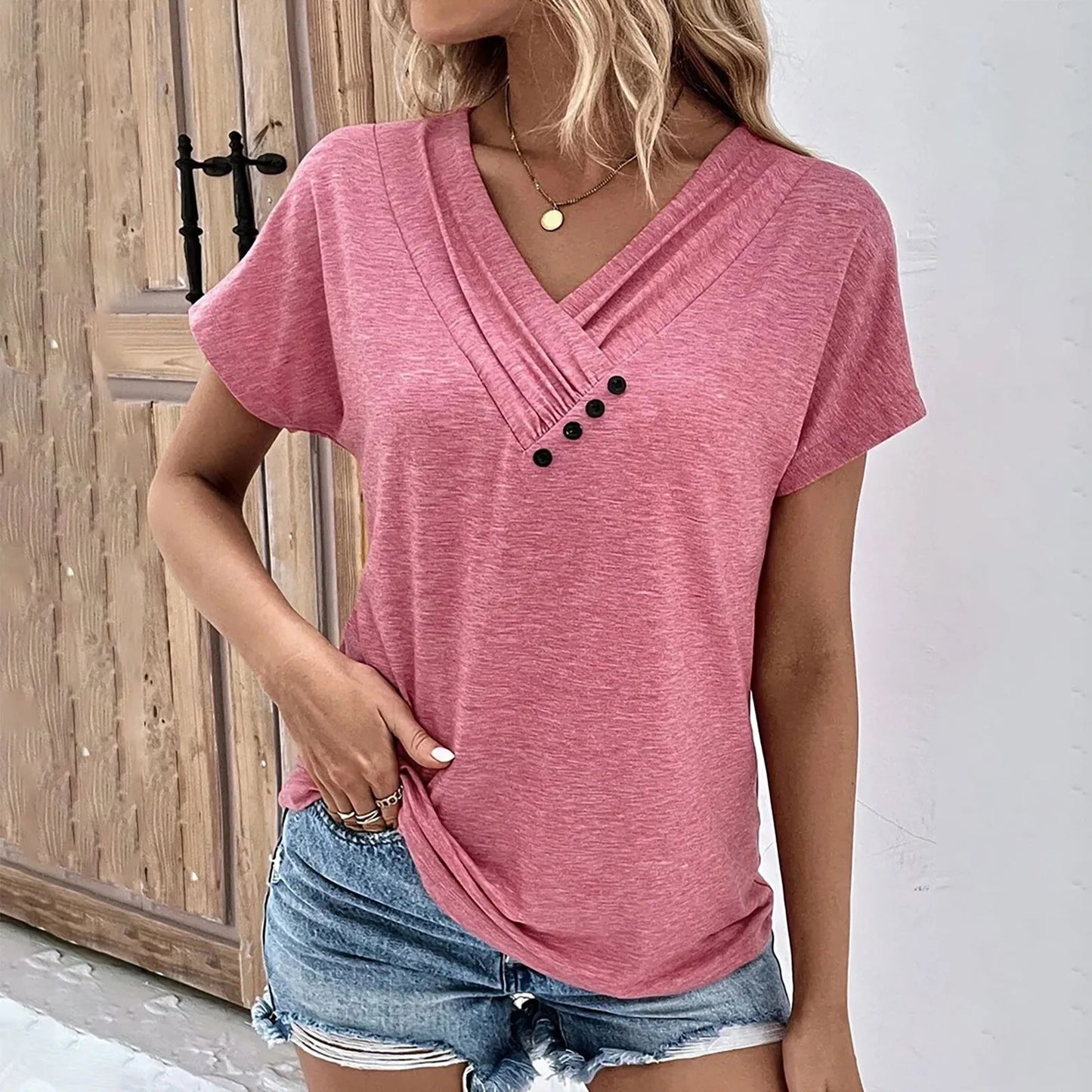 Womens V Neck Oversized T-Shirt - Solid Color Short Sleeve Basic Tee - ZOOMNSTORE