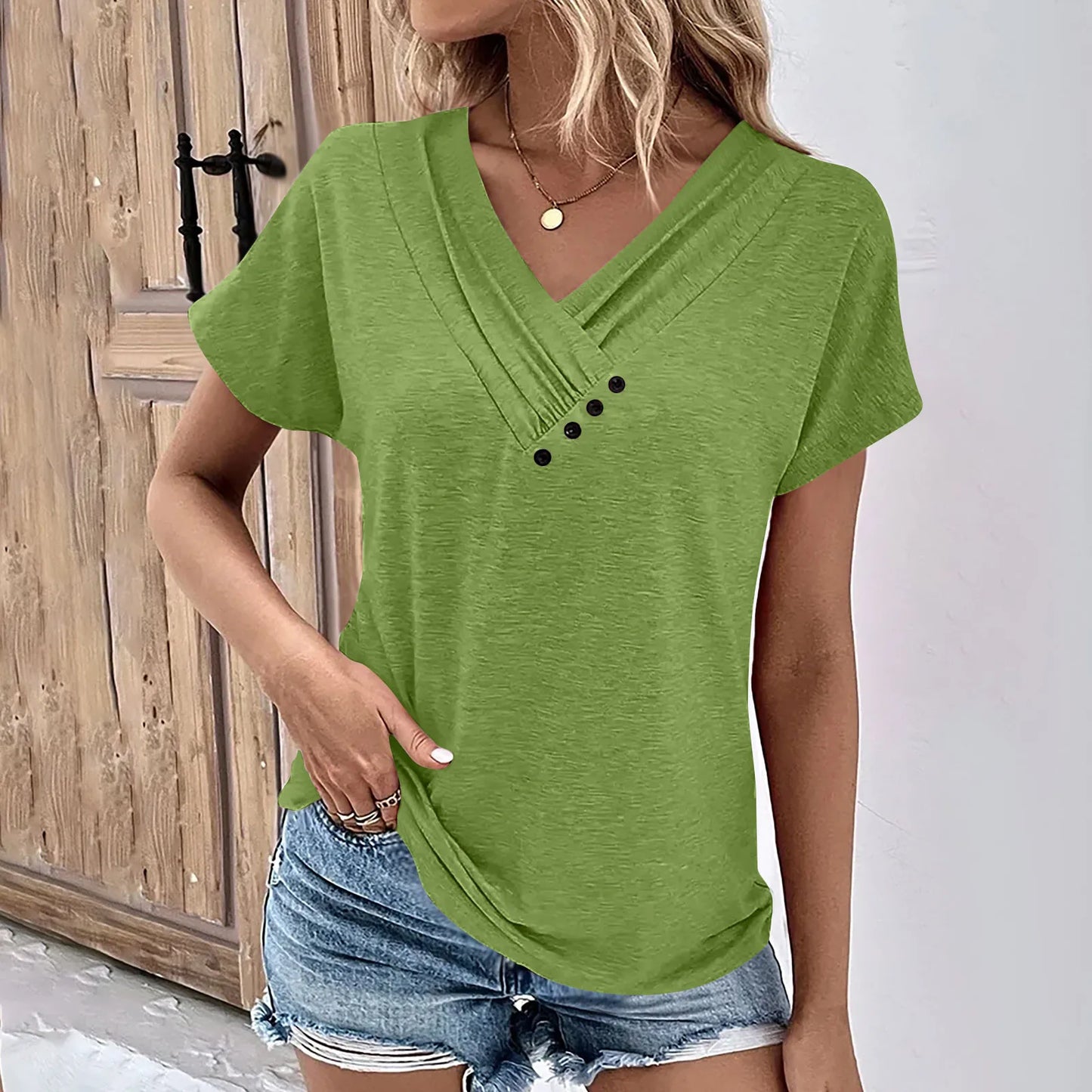 Womens V Neck Oversized T-Shirt - Solid Color Short Sleeve Basic Tee - ZOOMNSTORE