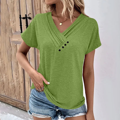 Womens V Neck Oversized T-Shirt - Solid Color Short Sleeve Basic Tee - ZOOMNSTORE