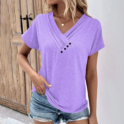 Womens V Neck Oversized T-Shirt - Solid Color Short Sleeve Basic Tee - ZOOMNSTORE
