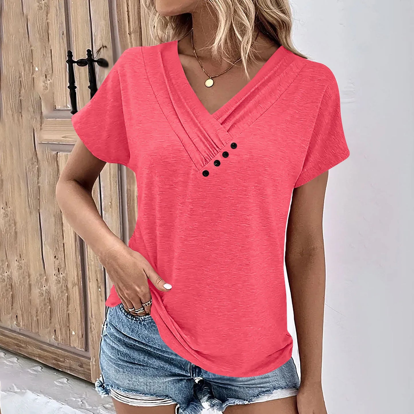 Womens V Neck Oversized T-Shirt - Solid Color Short Sleeve Basic Tee - ZOOMNSTORE