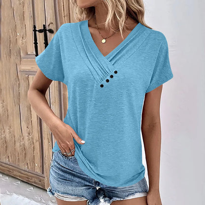 Womens V Neck Oversized T-Shirt - Solid Color Short Sleeve Basic Tee - ZOOMNSTORE